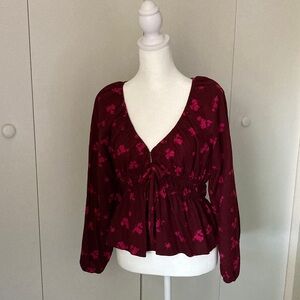 Blouse, long sleeve, maroon with pink flowers. Universal Thread XS